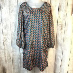 Harper Zoe Womens Dress Size XL Blue Orange Print Long Sheer Sleeves